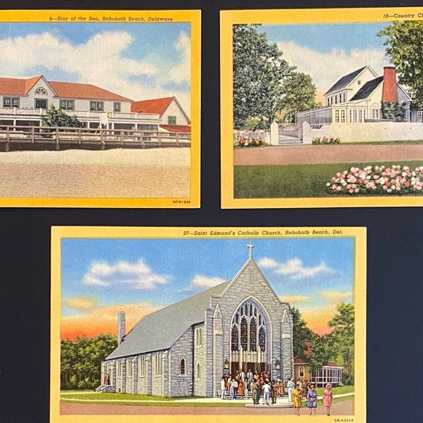 Set of 3 Vintage Souvenir Collectible Post Cards from Rehoboth Beach, Delaware Printed on Linen Paper