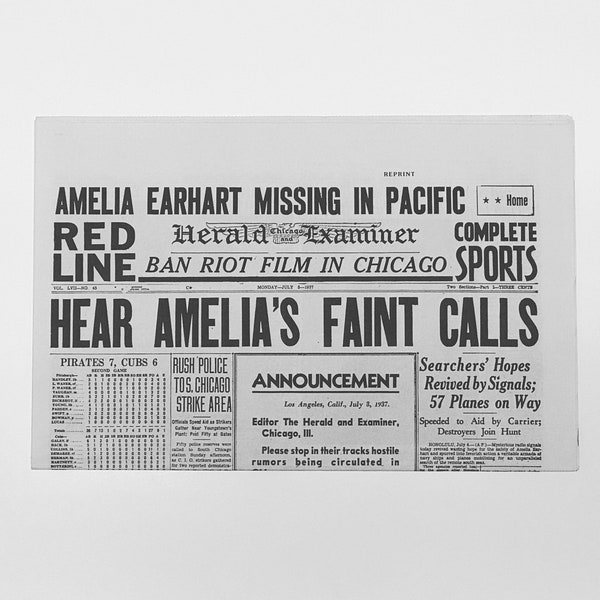 Newspaper Reprint - Amelia Earhart: "Hear Amelia's Faint Calls," Chicago Herald & Examiner, July 5, 1937