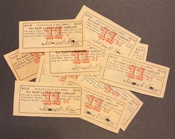 Ten (10) Bond Interest Payment Slips - 1901/1902 - Paper Ephemera, Art Supply, Mixed Media