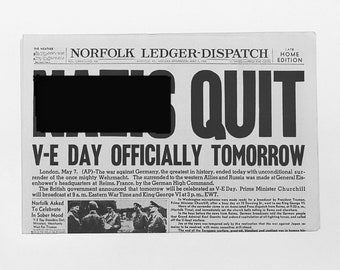 Newspaper Reprint - WWII: Germany Surrenders - V-E Day, Norfolk Ledger Dispatch, May 7, 1945
