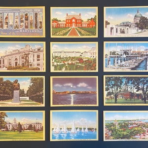Set van 12 vintage souvenir-verzamelpostkaarten uit Annapolis Maryland, gedrukt op linnenpapier