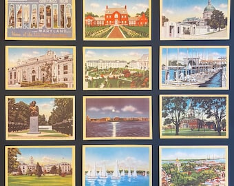 Set of 12 Vintage Souvenir Collectible Post Cards from Annapolis Maryland Printed on Linen Paper