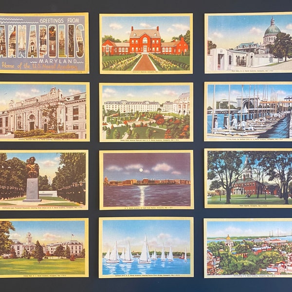 Set of 12 Vintage Souvenir Collectible Post Cards from Annapolis Maryland Printed on Linen Paper