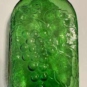 French Vintage Green Glass Bottle – Embossed Grapevine Motif – 1960s Wine or Liqueur Bottle – Rustic Country Kitchen or Bar Decor