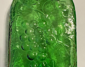 French Vintage Green Glass Bottle – Embossed Grapevine Motif – 1960s Wine or Liqueur Bottle – Rustic Country Kitchen or Bar Decor