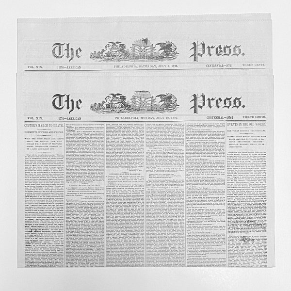 Newspaper Reprint - General Custer (B) - Custer's March to Death - Scene After Battle & Press Comments - Philadelphia Press, July 8/10, 1876