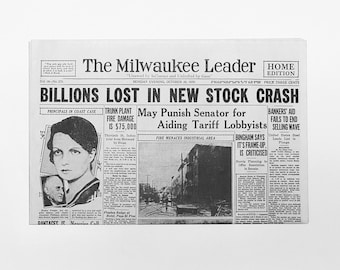 Reimpresión de periódico - Caída de la bolsa de 1929: "Miles de millones perdidos en la nueva caída de las acciones", The Milwaukee Leader, 29 de octubre de 1929