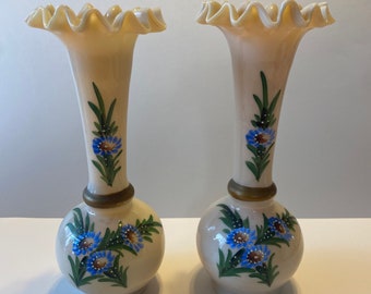 Antique Bristol Glass Taupe Brown Handblown Crimped Rim Hand Painted Vases - Set of 2