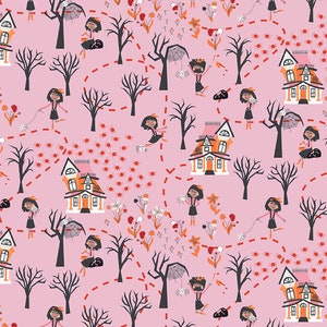 May include: A pink and black Halloween themed fabric with a repeating pattern of houses, trees, spiders, and girls in witch costumes. The houses are white with orange trim and have black windows. The trees are black with bare branches. The spiders are red and black. The girls are wearing black dresses with white collars and black hats. The background is a light pink color.