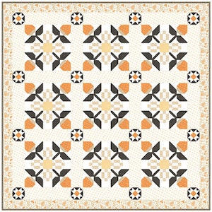 May include: A square quilt with a repeating floral pattern in cream, orange, black, and yellow. The quilt features a border with a paisley design. The central pattern is a grid of stylized flowers.