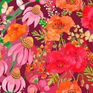 May include: A vibrant floral pattern featuring a spectrum of colorful blooms. The design showcases a gradient from pink to deep blue, with yellow sunflowers, pink coneflowers, and red poppies. Butterflies add delicate accents to the botanical illustration.