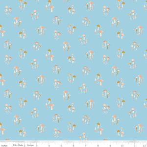 May include: A seamless pattern featuring a repeating design of pink and brown mushrooms on a light blue background.