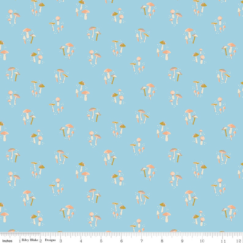 May include: A seamless pattern featuring a repeating design of pink and brown mushrooms on a light blue background.