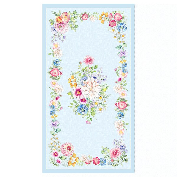 Cherish Panel | 24" x 42" | White or blue | Designed by Heatherlee Chan for Clothworks | Floral / cottage fabric panel