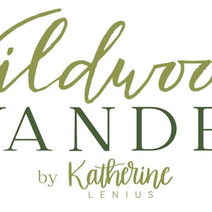 May include: A green and white logo with the text "Wildwood Wander" and "by Katherine Leni