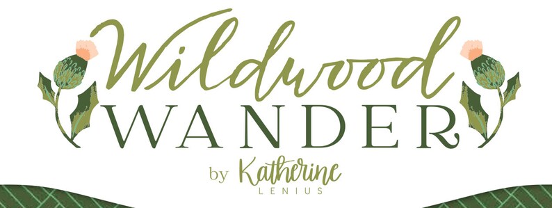 May include: A green and white logo with the text "Wildwood Wander" and "by Katherine Leni