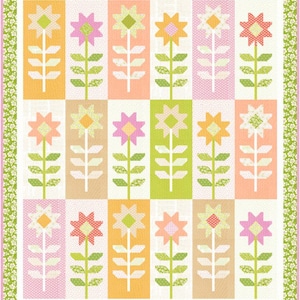 May include: A rectangular quilt featuring a grid of eighteen vertical blocks, each displaying a single stylized flower with a star-shaped bloom and green stem. The background colors include shades of orange, pink, and lime green with a floral border.