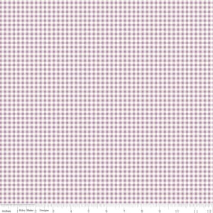 May include: A white fabric with a light purple gingham pattern. The fabric has a subtle texture and is perfect for crafting projects.