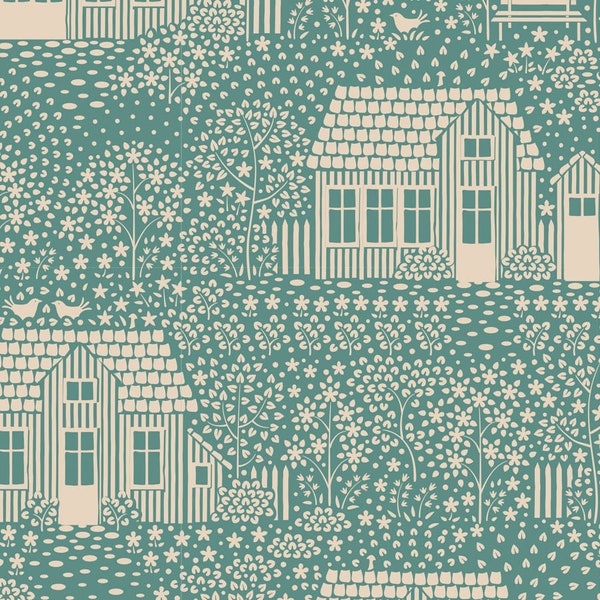 Tilda Hometown fabric yardage | My Neighborhood blender in teal | Item #110061