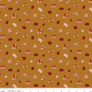 May include: A seamless pattern featuring a variety of autumnal elements in shades of orange, red, and white on a mustard yellow background. The pattern includes pumpkins, pie, mushrooms, leaves, and acorns.