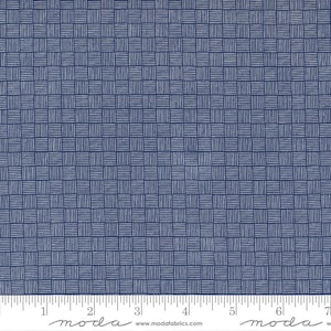 May include: A blue fabric with a white grid pattern. The fabric is textured and has a subtle sheen. The fabric is measured in inches.