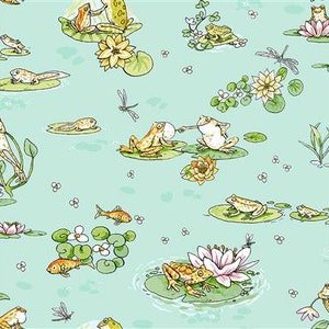 Leap Frog Pond Life in light teal | Sold by the half yard | Designed by Anita Jeram for Clothworks | Y3125-103