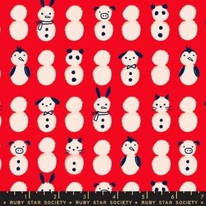 May include: Red fabric with a repeating pattern of snowmen with animal faces. The snowmen have various animal features, including a bunny, panda, pig, cat, and penguin. The fabric has a festive, whimsical design.