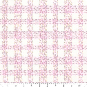 May include: White fabric with a pink and yellow checkered pattern. The pattern is created by thin lines of pink and yellow stitching.