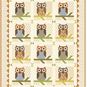 May include: A rectangular quilt featuring a grid of twelve owl blocks, each perched on a green branch. The owls are rendered in various brown, blue, and floral patterned fabrics. The quilt is bordered by a cream fabric with small brown leaves.