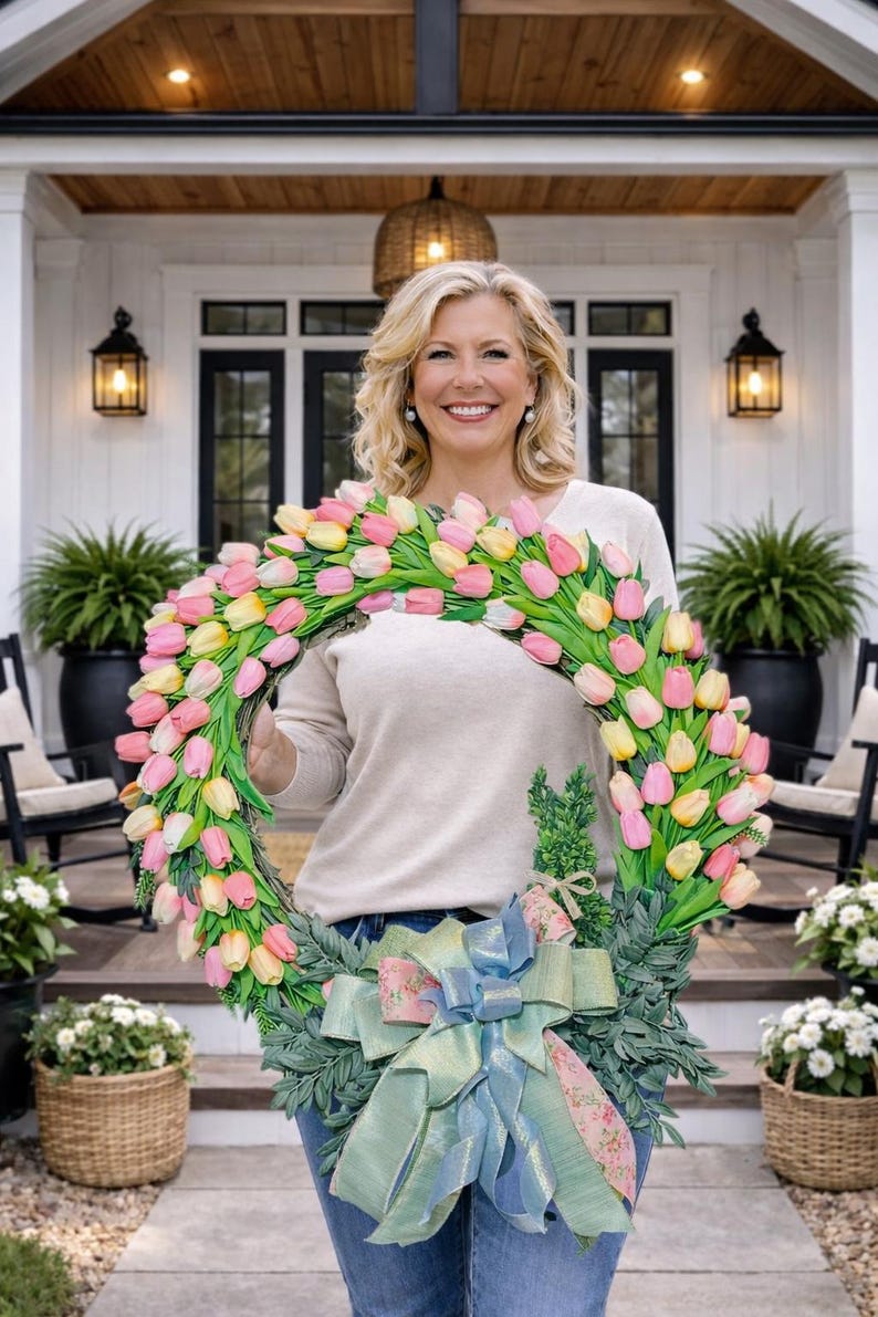 Pink Yellow Tulip Spring Wreath, Farmhouse Floral Front Door Decor - Etsy