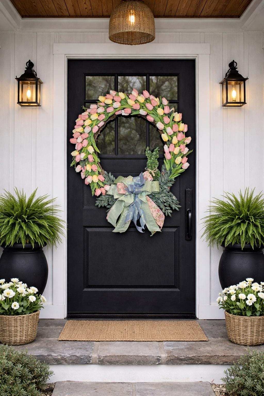 Pink Yellow Tulip Spring Wreath, Farmhouse Floral Front Door Decor - Etsy