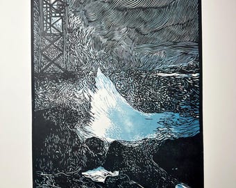 Hand carved original print “Montauk East Jetty Gale”.  Two Variations in aqua and turquoise.