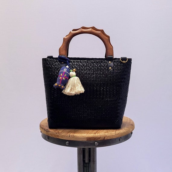 Black Woven Straw Handbag with Tassel
