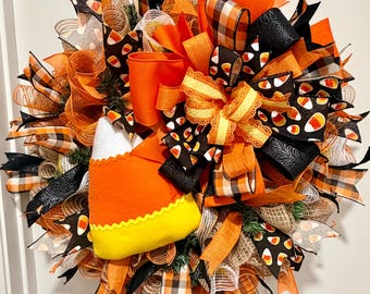Candy corn wreath | rustic Halloween wreath | fall front door wreath | plush fabric candy corn | plaid ribbon deco mesh wreath