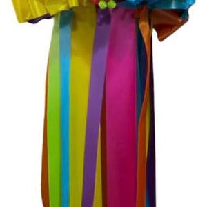 Op de afbeelding: Een kleurrijke regenboog lintstaart met een grote strik aan de bovenkant. De strik is gemaakt van meerdere linten in verschillende kleuren, waaronder roze, blauw, groen, geel en oranje. De linten zijn aan elkaar gebonden met een klein bosje kleurrijke bloemen.
