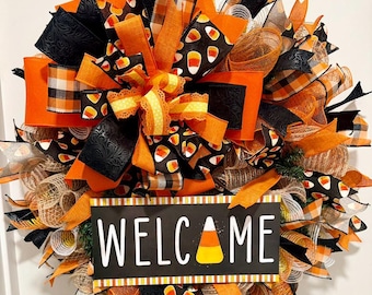 Candy corn front door wreath | festive Halloween welcome wreath | autumn door decor | fabric ribbon deco mesh wreath | holiday wall hanging
