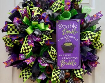 Halloween deco mesh wreath | whimsical spooky Halloween wreath | Halloween autumn door wreath | cauldron witch sign front door decor