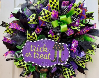 Whimsical Halloween Wreath | Purple, Green, Black Trick or Treat Door Decoration