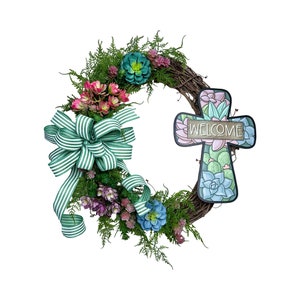 Handmade Floral Wreath with Welcome Cross, Grapevine Succulent Spring Decor, Pink and Green Bow with Succulents, Easter Front Door Decor