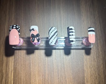 Piano and Bows Press On Nails | Hand-Painted Black & White Music Nail Art