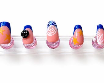 handmade Coraline themed blue French tips short coffin/square press on nails