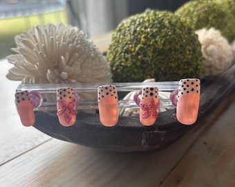 Pink 3D Floral Polka Dot Press On Nails | French Tip Fake Nails