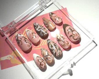 Abstract Brown Swirl Press On Nails | neutral y2k | Reusable Fake Nails | Handmade | Almond