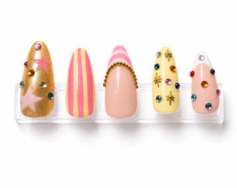 Y2K Press On Nails | Hand Painted Star Rhinestone Gold Chrome Nail Art