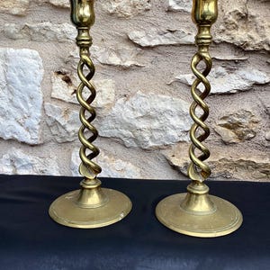 Antique English tall pair of classic cast brass open spiral barley twist candlesticks