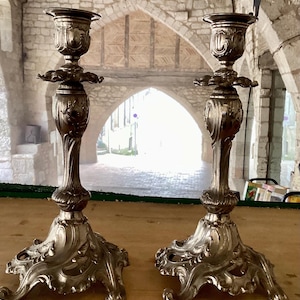 Antique pair of  Silver rococo style candlesticks NOT solid silver