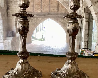 Antique pair of  Silver rococo style candlesticks NOT solid silver