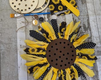 Rag fabric Sunflower DIY door hanger kit easy kids craft fall decor craft