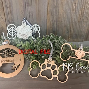 Dog Christmas ornament laser svg cut file  Snowflakes dog bone paw print - Glowforge tested