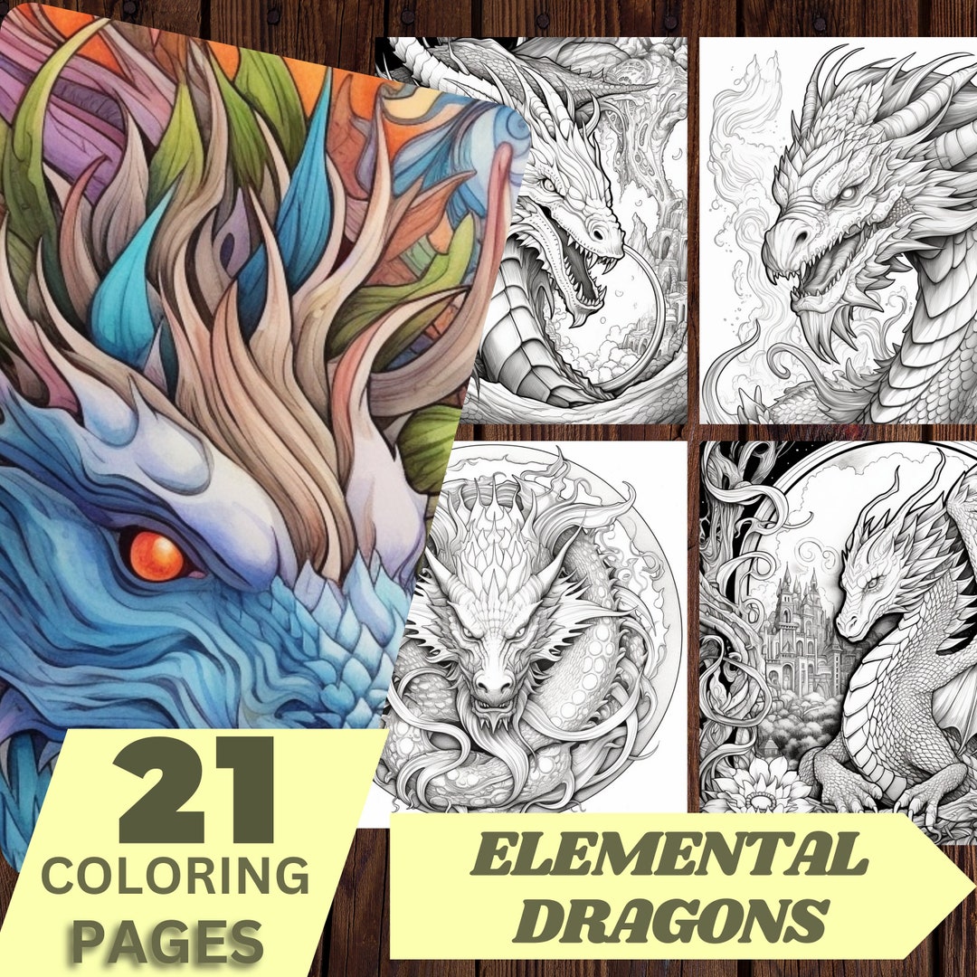 Elemental Dragons Coloring Pages Adults Kids Instant Download - Etsy